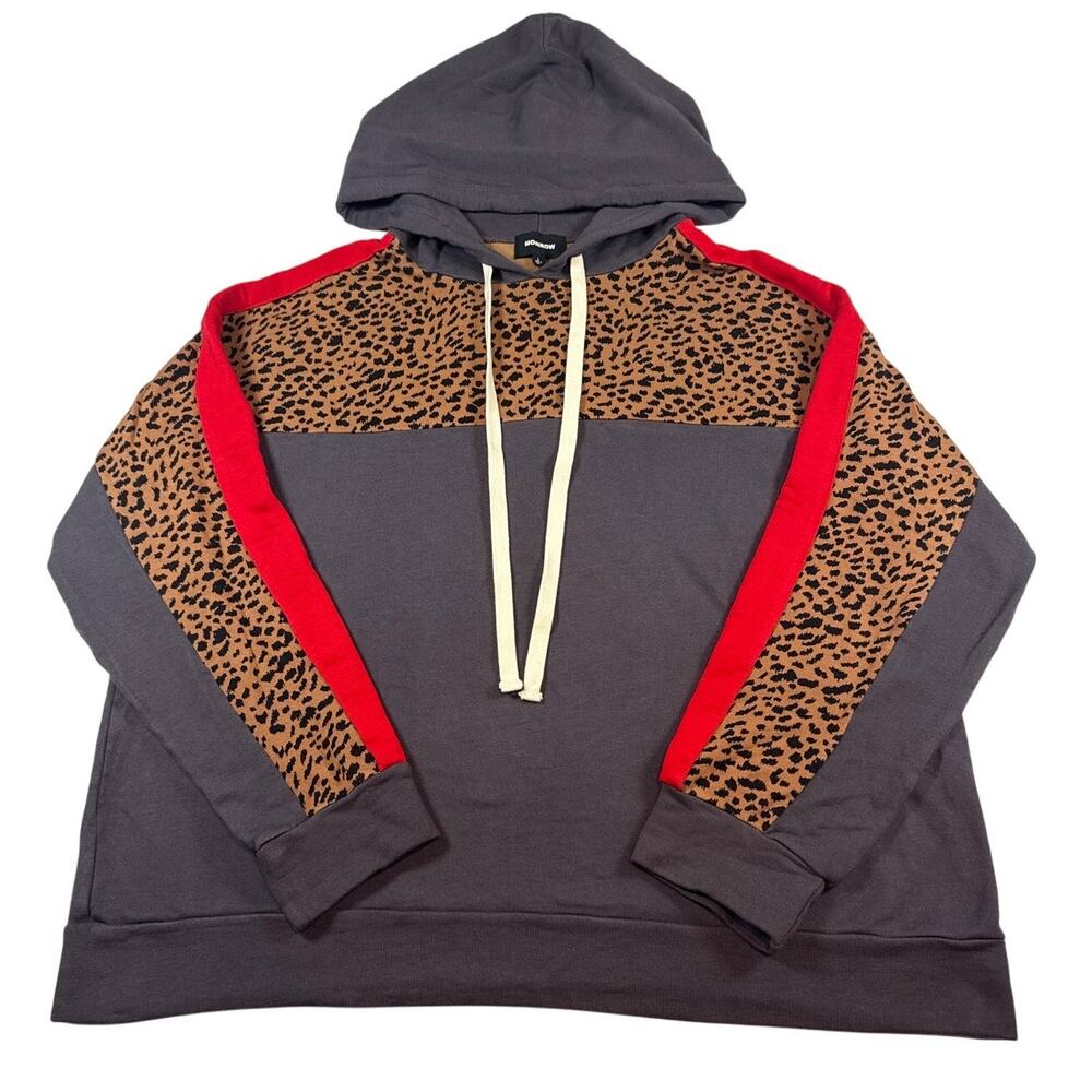Monrow Print Block Pullover Hoodie Charcoal Grey Leopard Red Large EUC